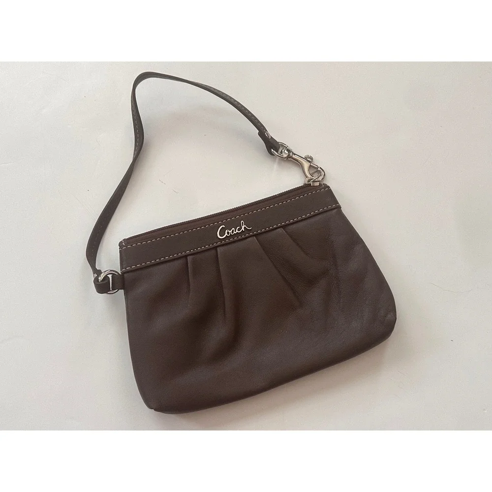 Coach Dark Brown Pleated Leather Wristlet Bag Silver Script Logo Lavender Lining